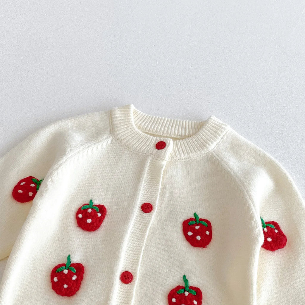 2026 Spring Korean Infant Baby Girl Cotton Knit Set Newborns Strawberry Embroidered Cardigan Ruffle Bloomer Shorts 2pcs Suit